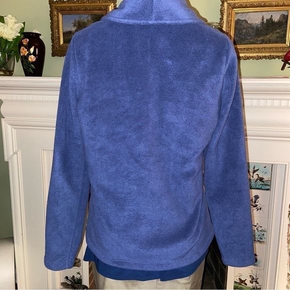 Vermont country store slate, blue embroidered fleece jacket with white flowers. - Picture 2 of 6